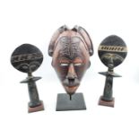 Collection of African Tribal items inc. figural comb on stand, Mask with applied decoration etc