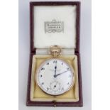 Rolex 9ct gold cased pocket watch, open faced, keyless wind, the white enamel dial with Arabic