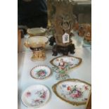 A Derby blue and gilt bowl (a/f), two Hammersley dishes, arbour group (a/f) and soapstone vase