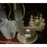 Two claret jugs, condiment stand, ice bucket and plated lidded bowl