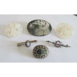 A micromosaic floral brooch, two bar brooches, two mother of pearl brooches and an agate brooch