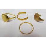 A wedding band 1.2g, an 18ct signet ring (squashed) 4.8g, part gold signet ring, 22ct gold band 1.4g