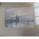 A watercolour Tower Bridge with barges signed JRR 1919 and another Thames scene