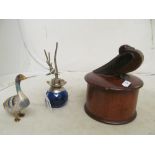 A cloisonné duck, a Van Cleef & Arpels scent bottle and a treen box with bird to lid