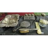 A plated swing handled cake basket, dressing table set, white metal hand mirror etc