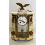 A marble and glass four side clock with white enamel dish and eagle surmount