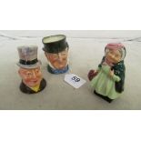 A Royal Doulton Sairy Gamp figure, small Mr Micawber character jug and a Mr Pickwick salt cellar