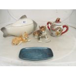 A Poole dish, two Russian cats, fish tureen and teapot