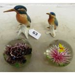 Two glass paperweights and two pottery kingfishers (one beak s/a/f)