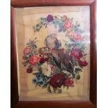 A 19th Century needlework two birds and relief flowers framed 40” x 33” frame