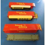 Three Triang railway carriages boxed and some accessories