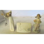 A Lladro figure girl with bunch of flowers and bird (some flowers a/f), a Lladro boy yawning and a