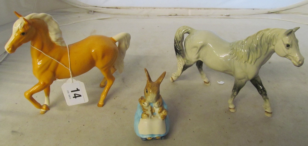 A Royal Doulton horse Welsh pony, another Palomino and a Beswick Mrs Rabbit and Bunnies