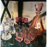 An Art Deco pink glass decanter and six liquer glasses, pair of decanters with plated collars and