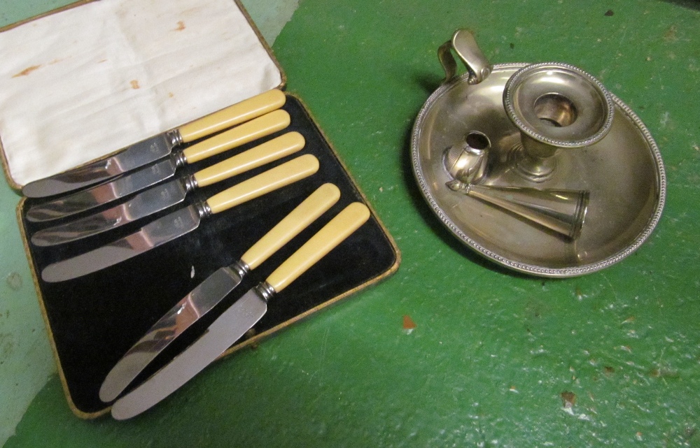 Various plated cutlery, a Gladwin Ltd mahogany canteen box and a plated chamber stick - Image 5 of 5