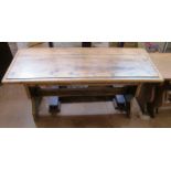 An oak long stool/table with shaped ends 36”