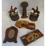 A treen car, horse and hounds bookends and other treen