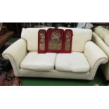 A two seater settee upholstered in cream fabric slight stain 77” wide