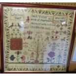 A 19th Century sampler with verse, Adam and Eve figures by tree, birds, animals and flowers by Ann