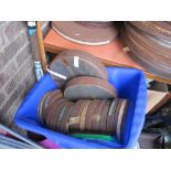 Various film reels in metal containers