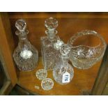 Two decanters with silver labels, basket, small decanter and two salts