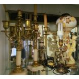 A pair of gilt and alabaster five branch candlesticks, pair of table lamps with drop lustres and a