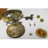 A silver engraved locket, Victorian seed pearl and citrine brooch and a small group of costume
