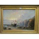 19th Century oil on canvas sailing vessels in cove with figures 29cm