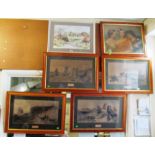 Four hunting prints, two Doyley John prints, and Edwardian print three ladies and a watercolour