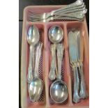 A part set of plated shell and fiddle pattern cutlery, some fish knives and forks and a three