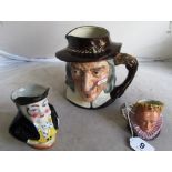 A Royal Doulton character jug Izaak Walton, a toby jug and a Queen Elizabeth I charater jug (a/f)