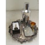 A Walker & Hall plated salver, cocktail shaker, hip flask, stirrer and a funnel