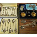 A pair of silver salts, two cased sets of six teaspoons and minor silver and plated items
