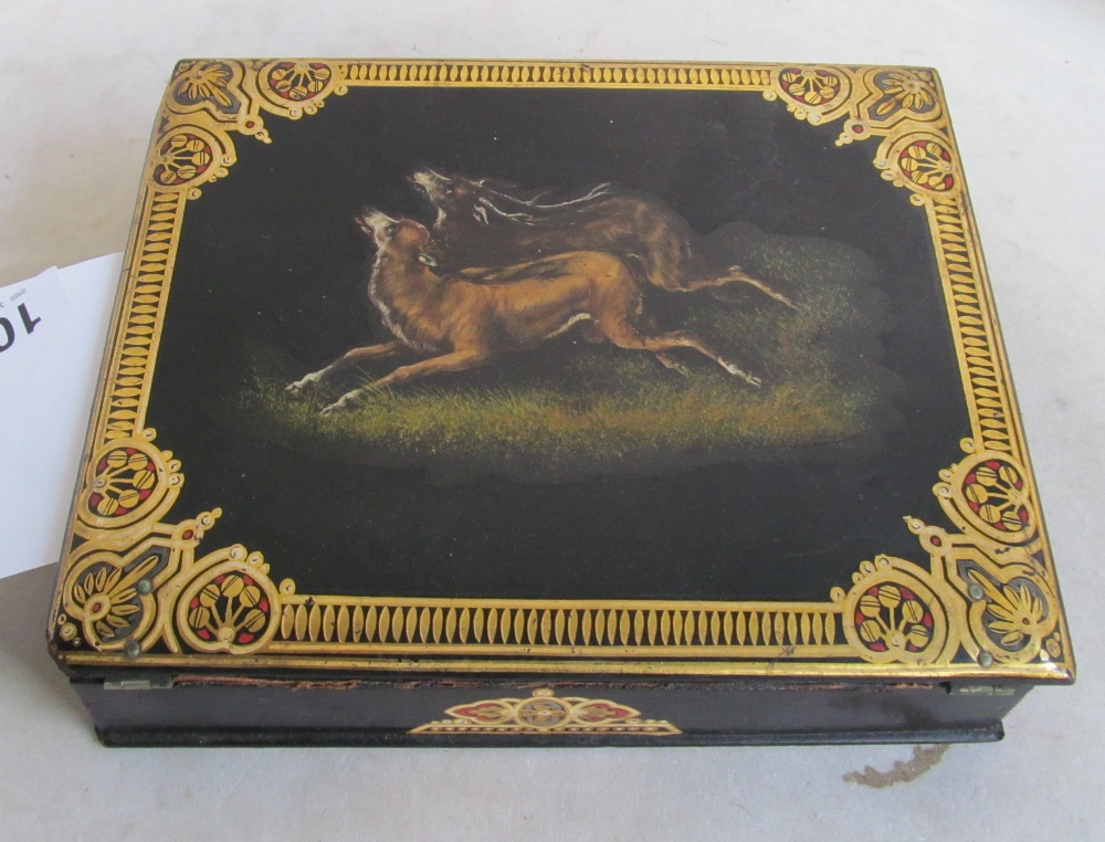 A Victorian lacquer writing slope with scene of dogs to lid and gilt edging (sa/f)