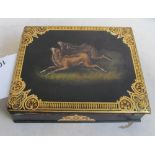 A Victorian lacquer writing slope with scene of dogs to lid and gilt edging (sa/f)