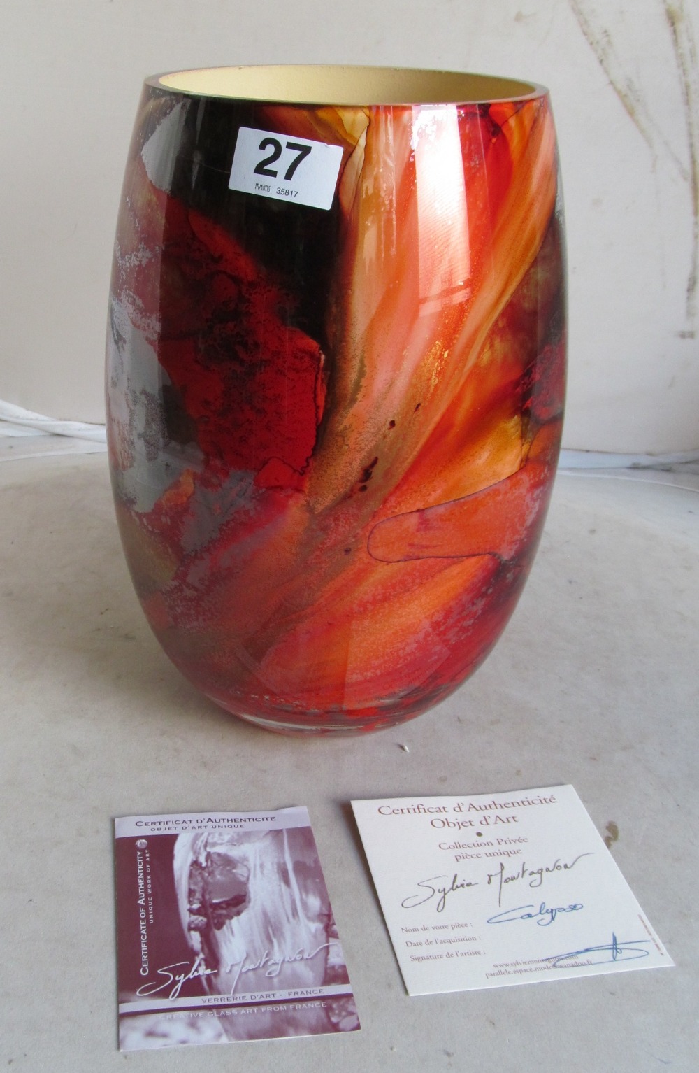 Sylvie Montagnon - an art glass vase entitled 'Calypso' mottled red and orange design with