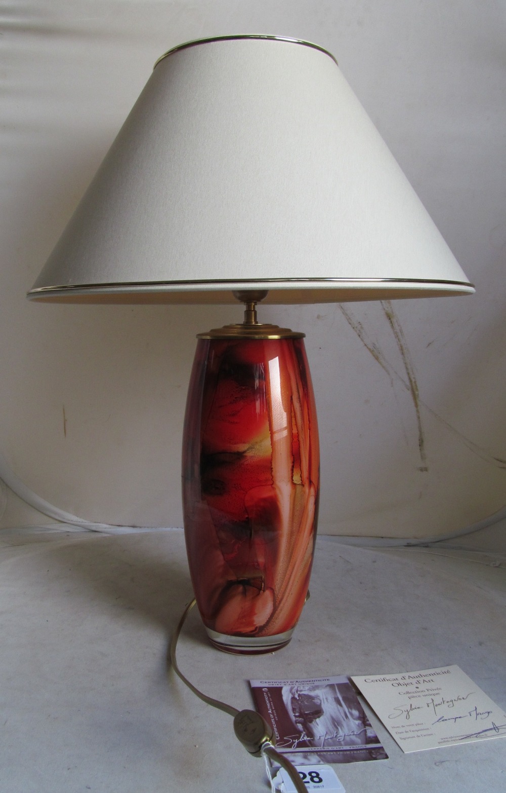 Sylvie Montangnon - a pair of art glass lamps entitled 'Lampe Tango' mottled red and orange design