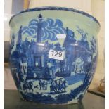 A reproduction blue and white jardinere decorated 18th Century town scene