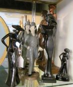 A large hand painted plate, a resin lady golfer figure and other figures