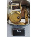 A pair of opera glasses, level, ruler, brassware, box etc