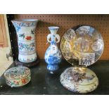 A Satsuma style plate, two lidded bowls, oriental blue and white vase and Imari style vase on stand