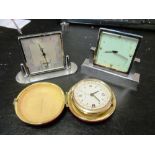 Two Art Deco chrome clocks and Westlock night watch, Smiths oak clock and two brass clocks
