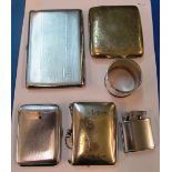 Three cigarette cases, lighter, an EPNS purse, silver pepper and napkin ring