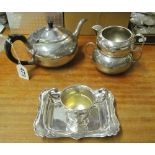 A plated 3 piece tea set, small dish and small trophy cup