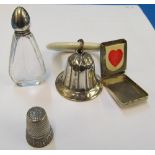 A silver trump box, scent bottle, thimble and a plated rattle
