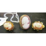 A 9ct gold cameo ring size M but bent, 5.8g all in, and pair earrings 4.5g all in