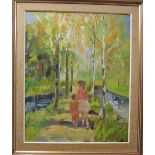 E Curtin - Nordic artist oil on canvas two children walking through wood c 1960s signed and framed
