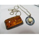 A silver and amber style brooch and silver and enamel pendant on chain