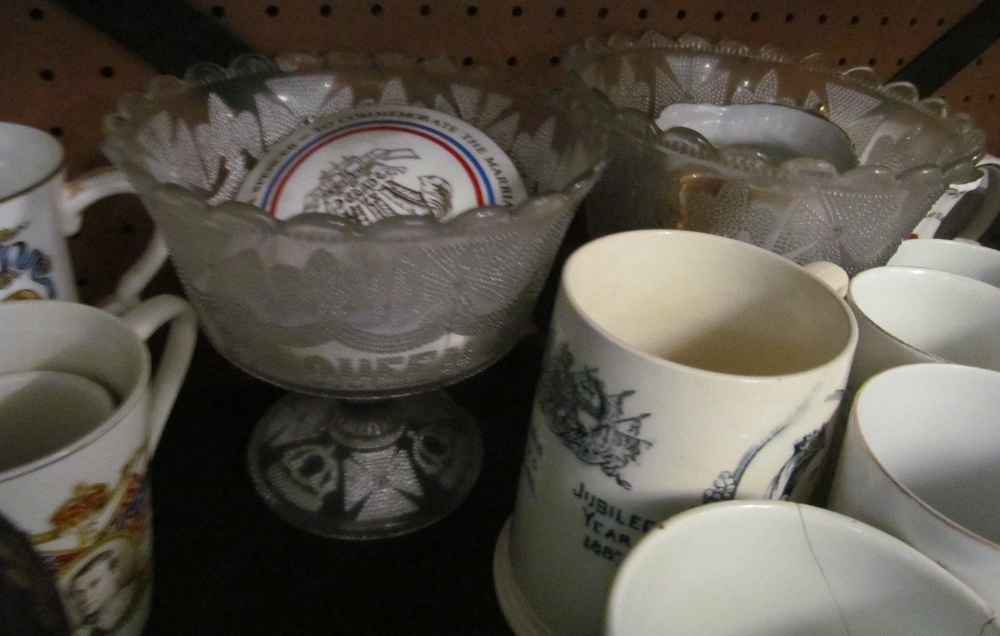 A collection of commemorative china including a pair of of Victorian 1897 pressed glass bowls and - Image 2 of 2
