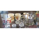 Various glassware and some commemorative mugs